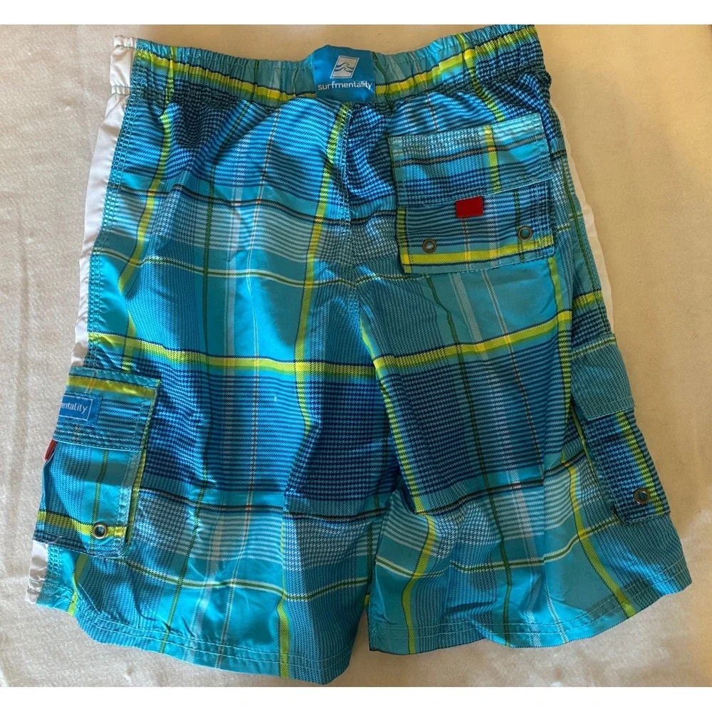 Surfmentality Swim Trunks Mens S Blue Green Plaid Cargo Board‎ Shorts